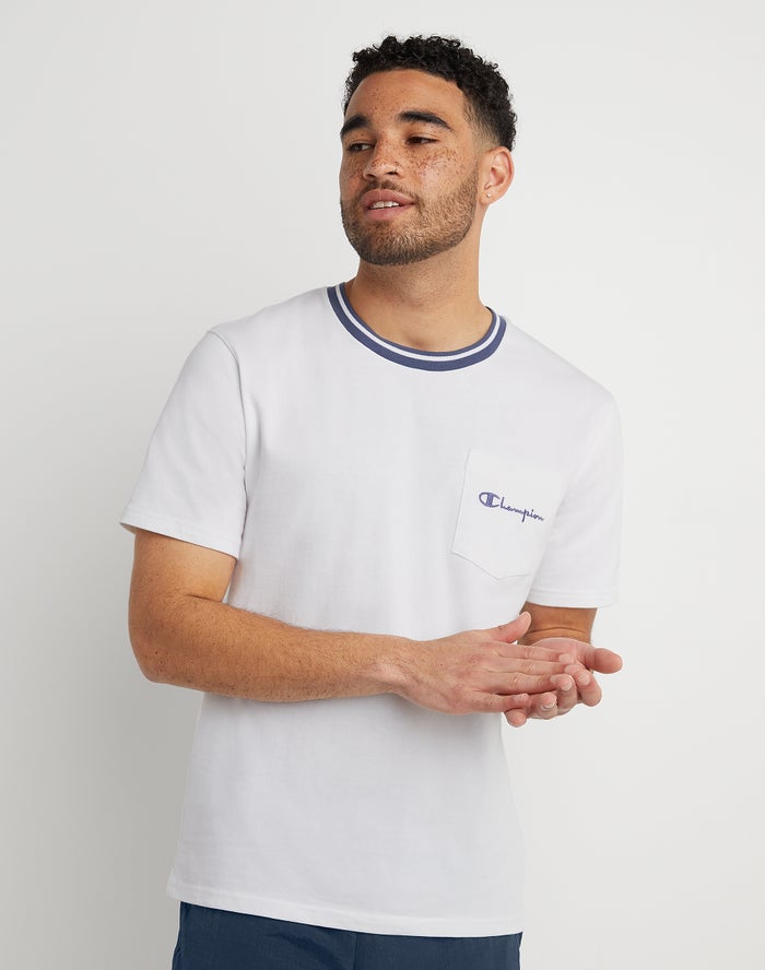 Champion Herre T-Shirts Hvide - Tipped Collar Pocket Embroidered Script Logo - Danmark WEF-039587